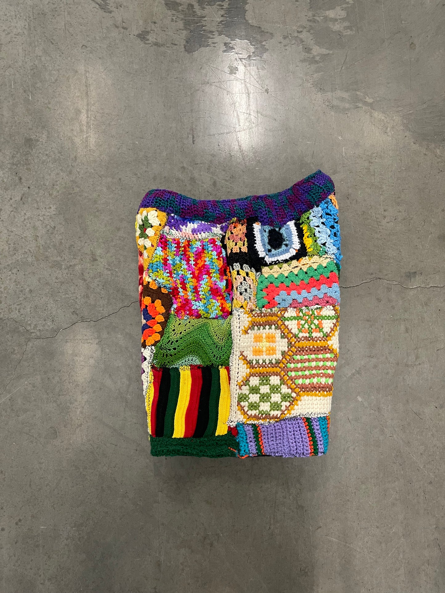 Bluesin’s “Free Ensemble Jumble” Patchwork Crochet Knit Sweat Shorts