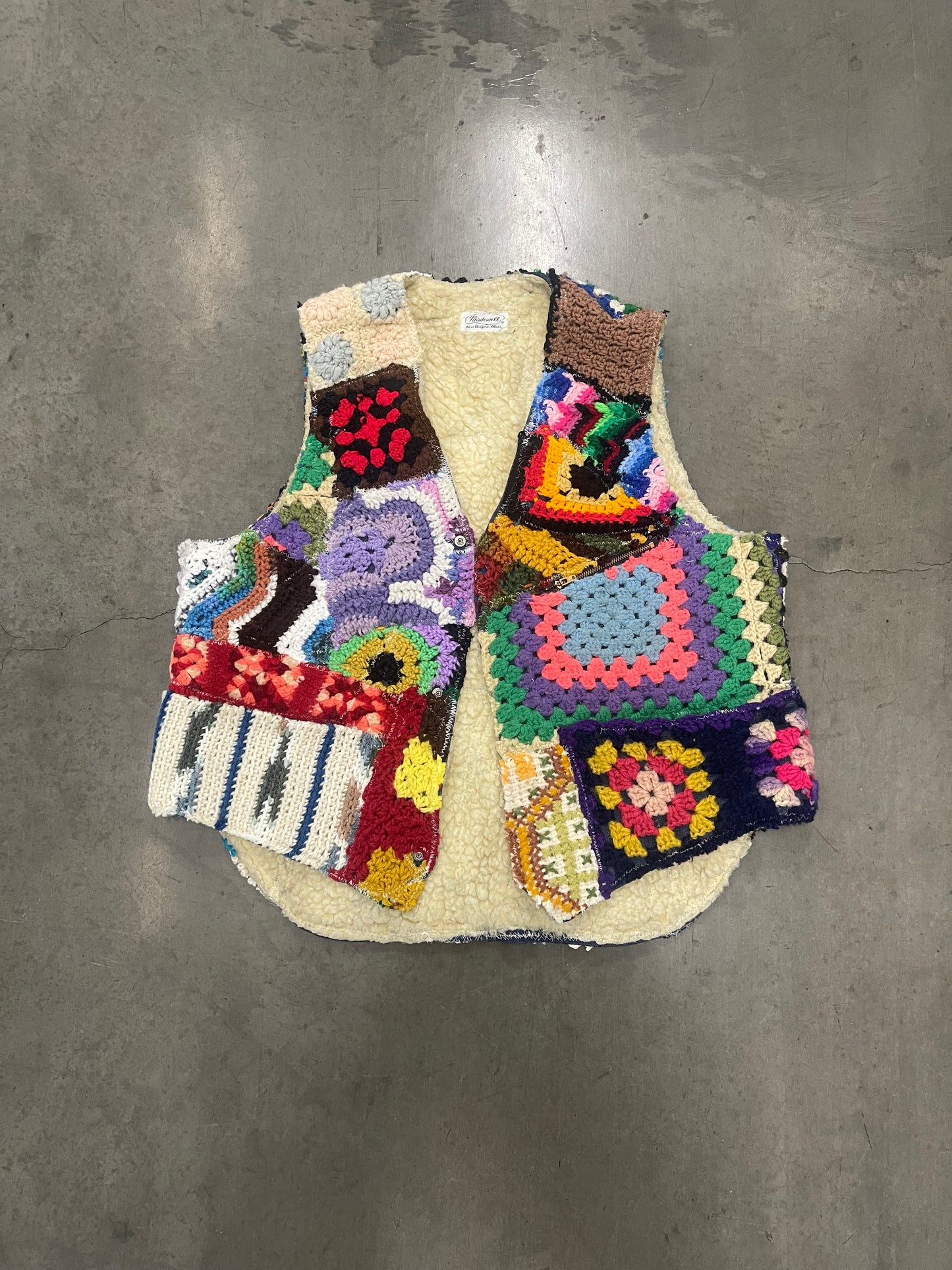 Bluesin’s “Tetragon” Patchwork Crochet Sherpa Lined Vest Jacket