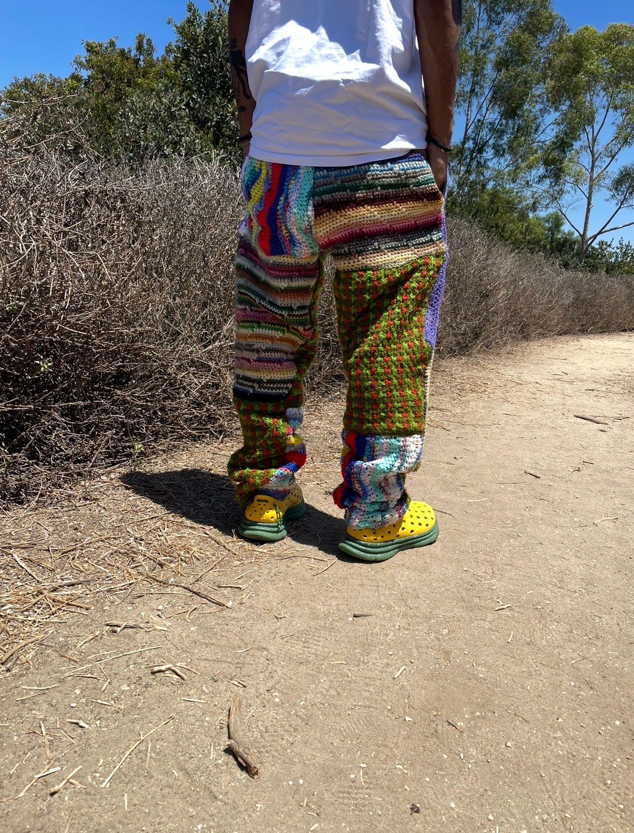 BLUESIN’S “MYSTERIOUS FUSION” PATCHWORK CROCHET SWEATPANTS