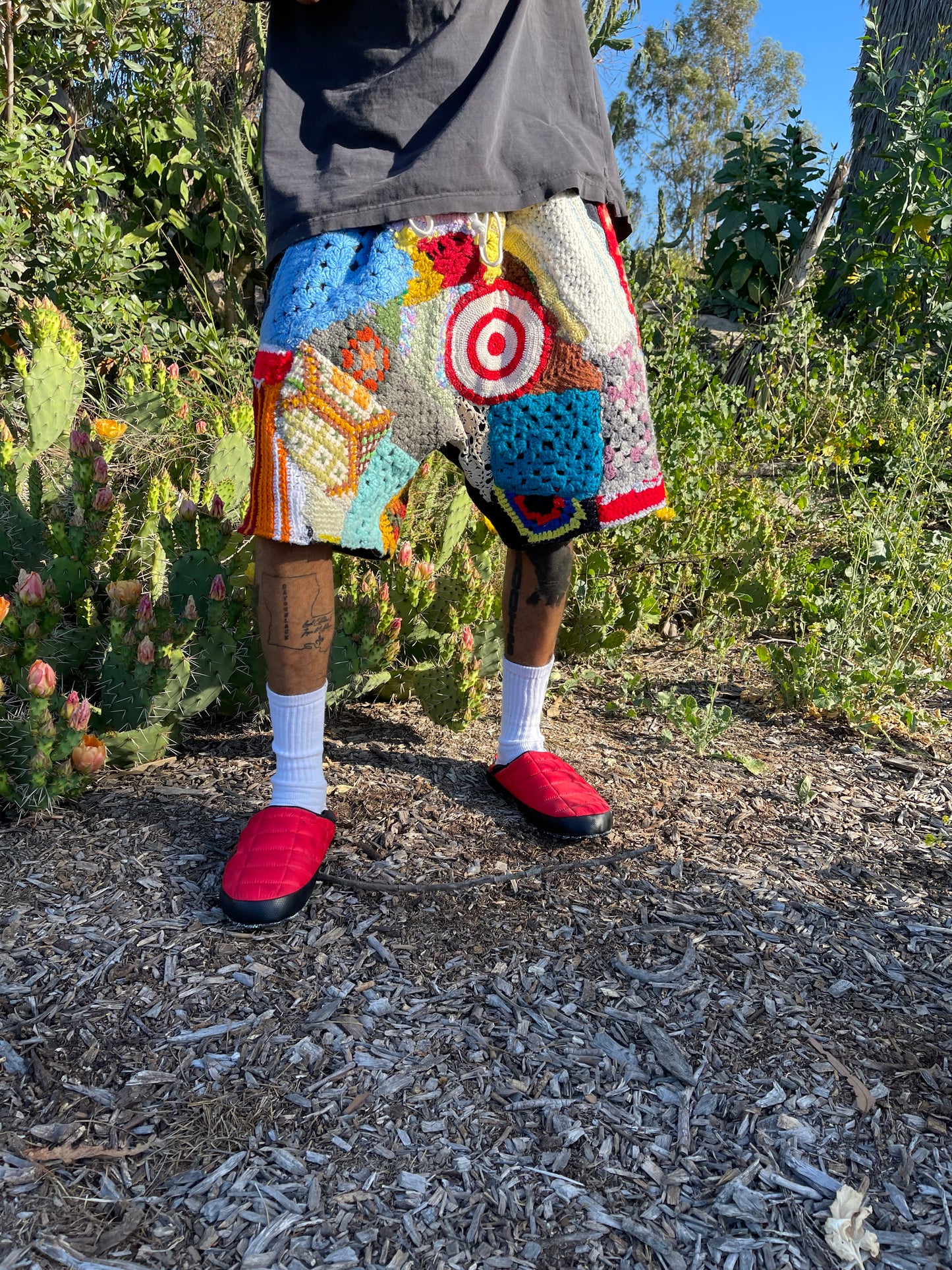Bluesin’s “Red Dot Blues” Crochet Patchwork Sweat Shorts