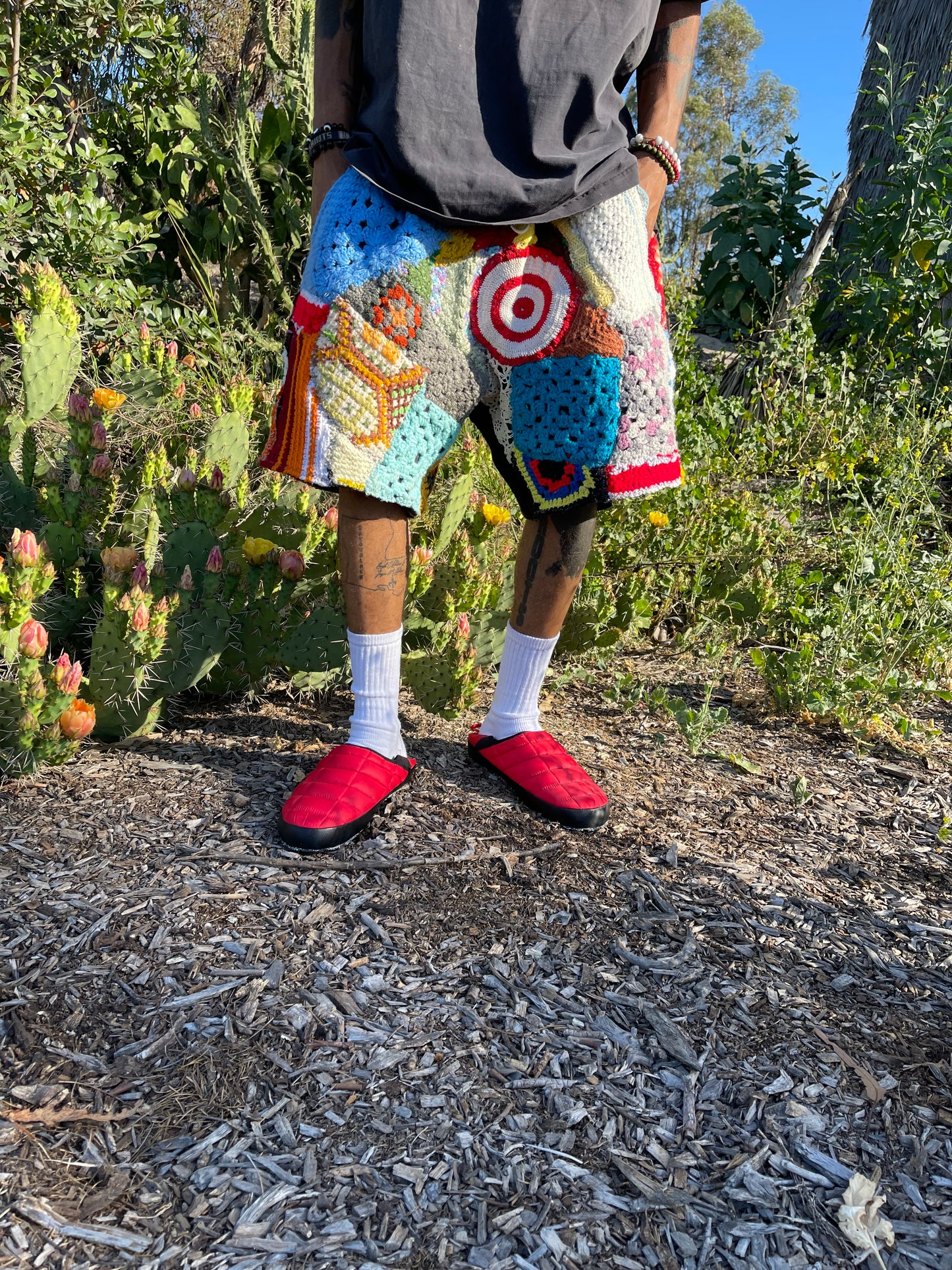 Bluesin’s “Red Dot Blues” Crochet Patchwork Sweat Shorts