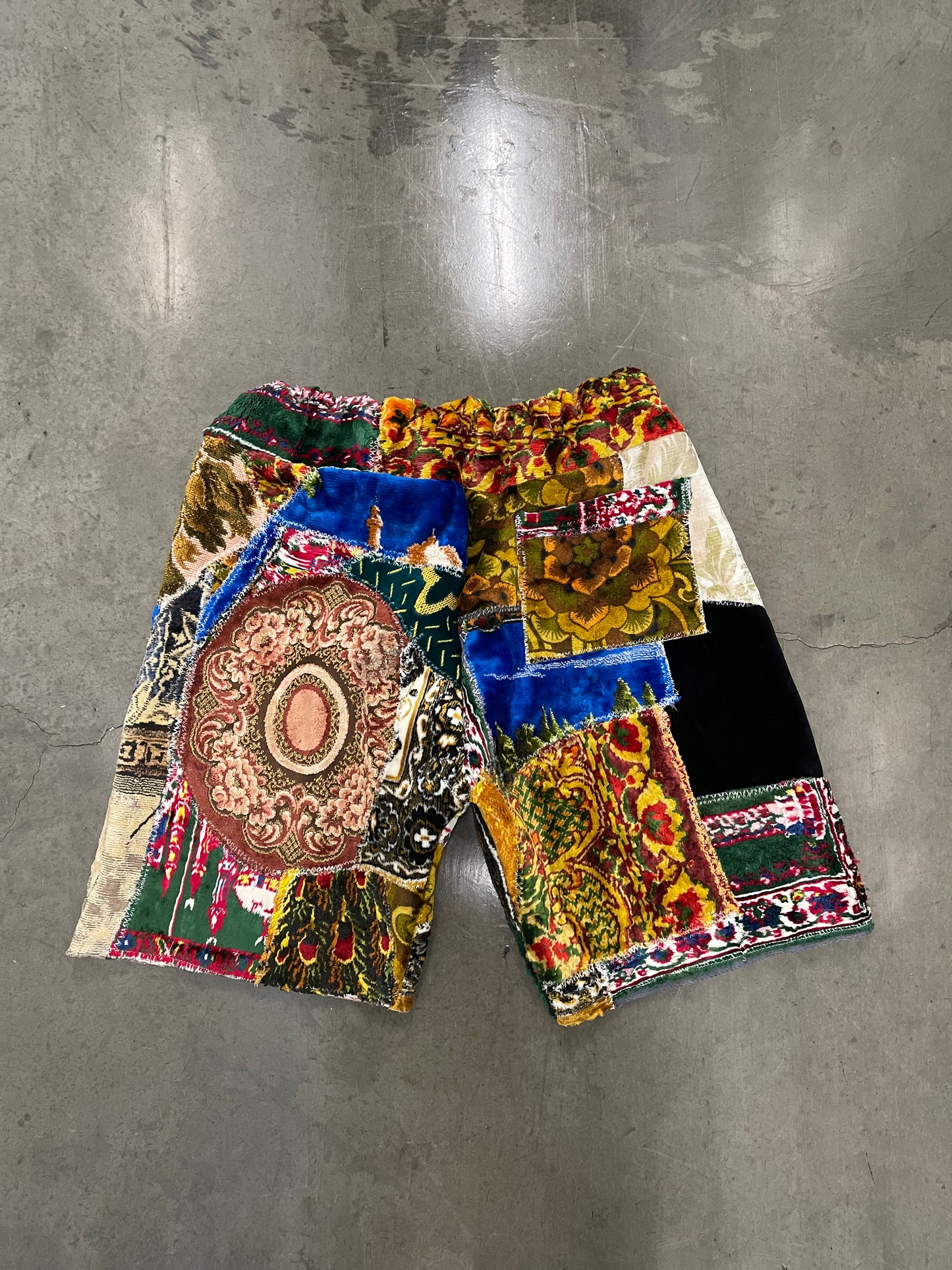 Bluesin’s “Groove N’ Delight” Vintage Patchwork Tapestry Shorts