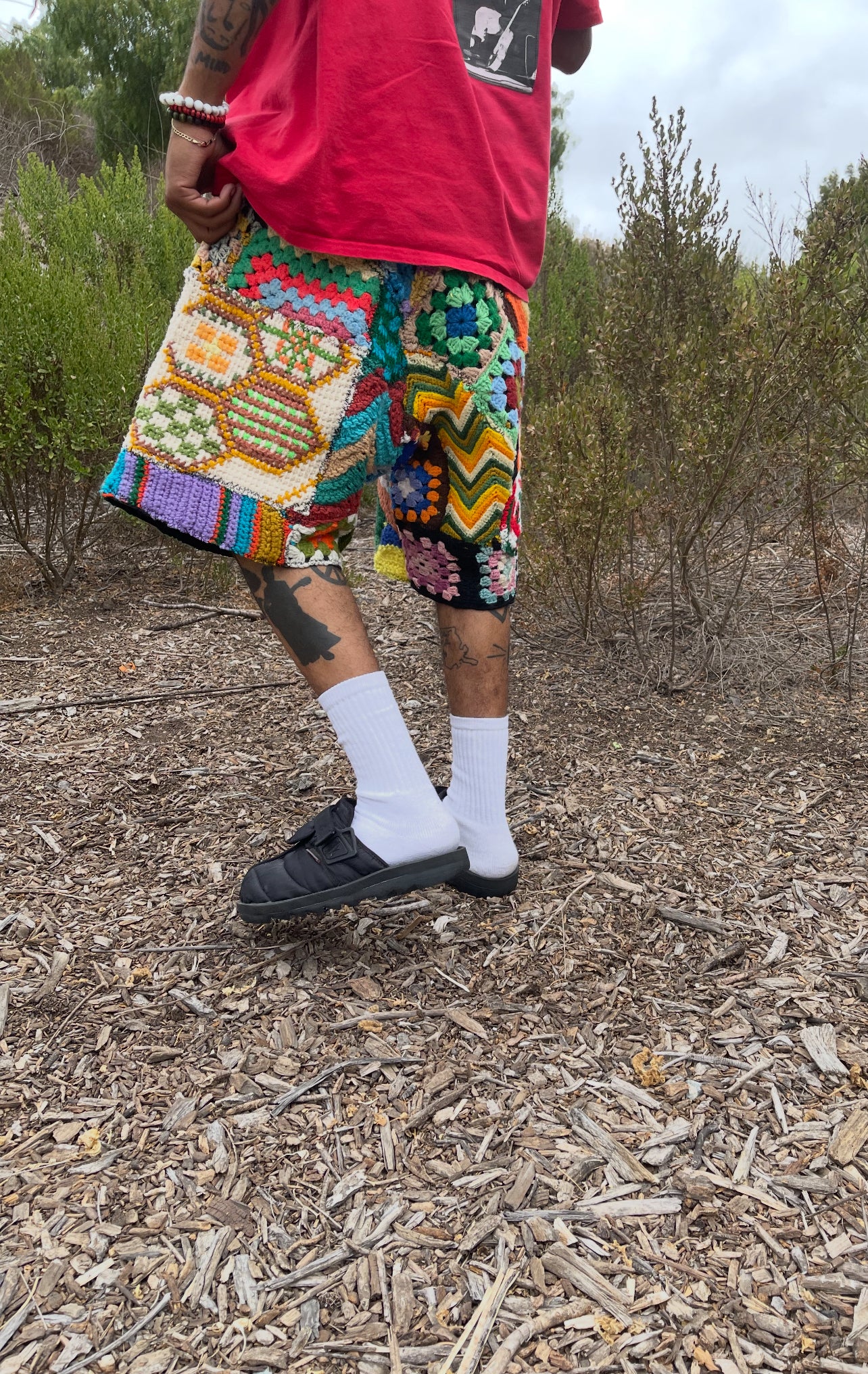 Bluesin’s “Free Ensemble Jumble” Patchwork Crochet Knit Sweat Shorts