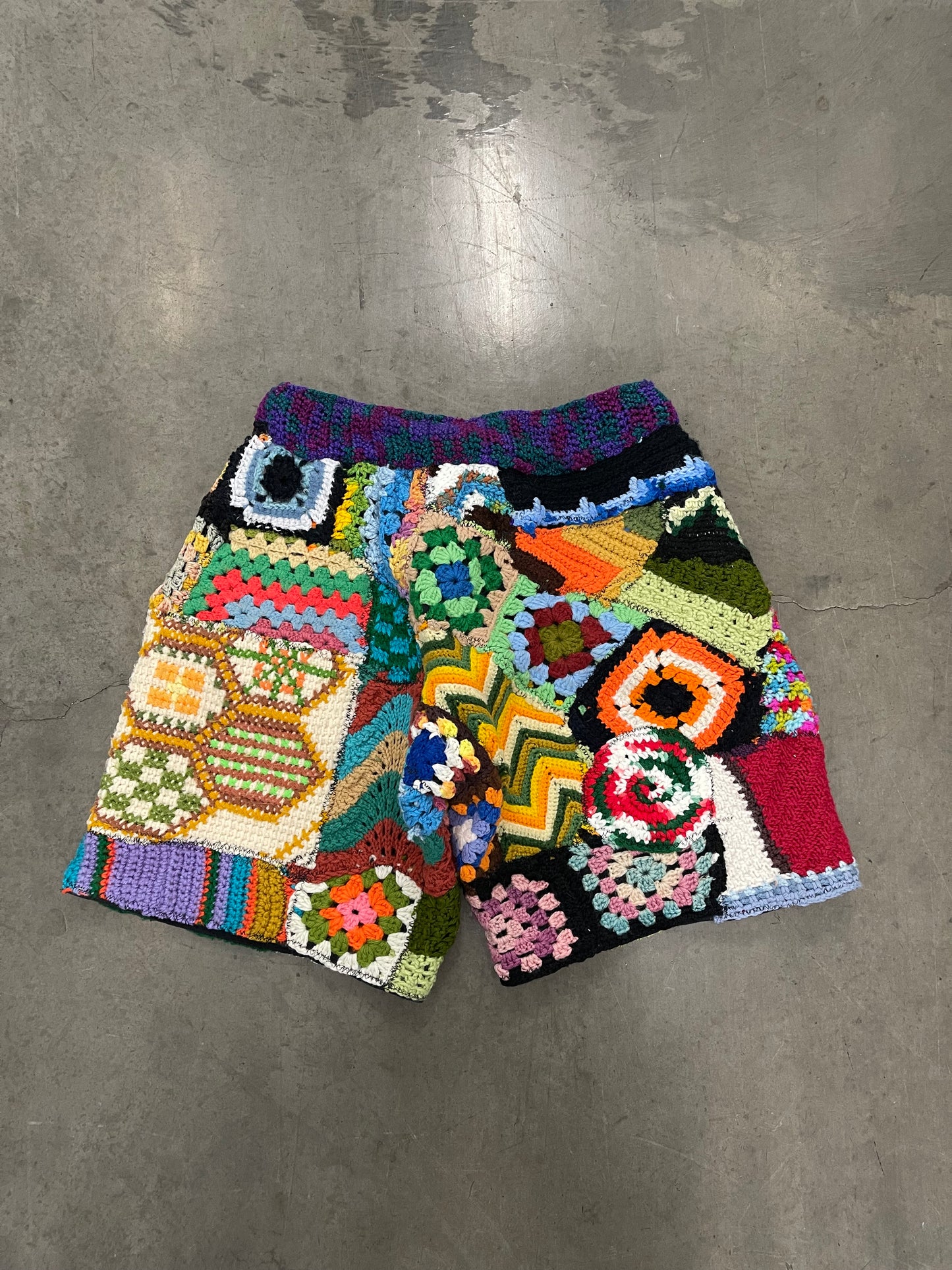 Bluesin’s “Free Ensemble Jumble” Patchwork Crochet Knit Sweat Shorts