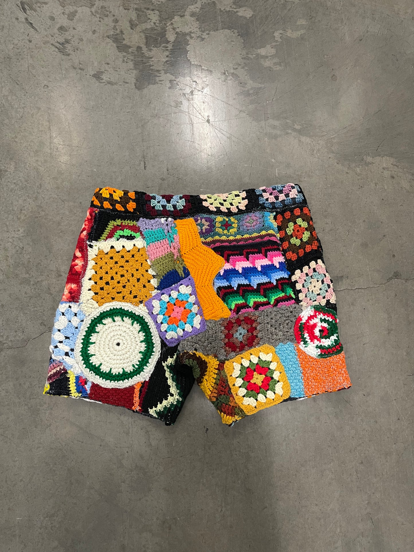 Bluesin’s “Red Dot Blues” Crochet Patchwork Sweat Shorts