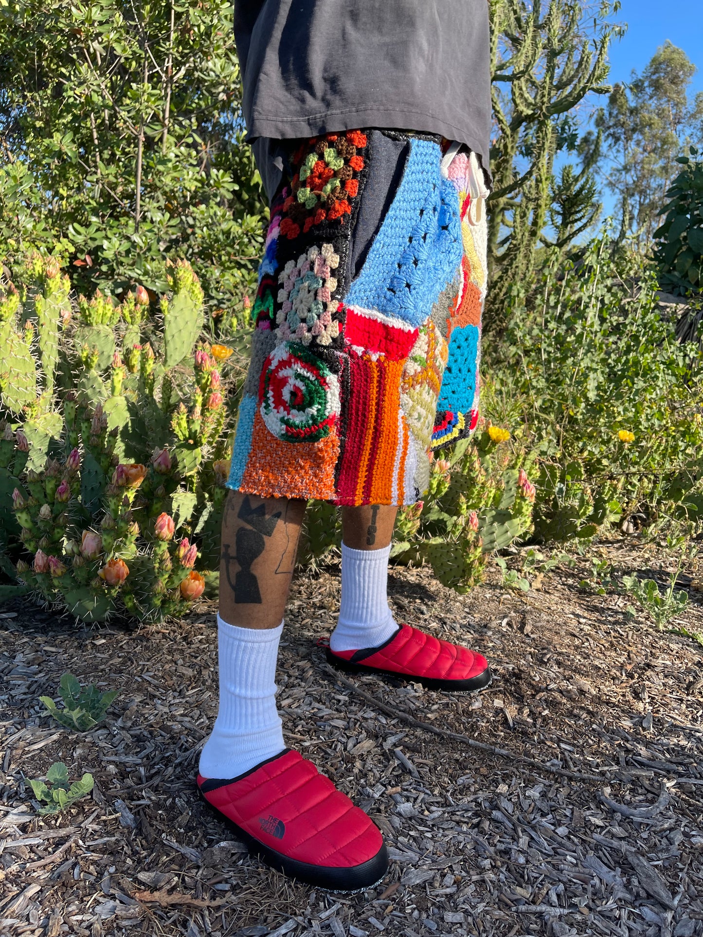 Bluesin’s “Red Dot Blues” Crochet Patchwork Sweat Shorts