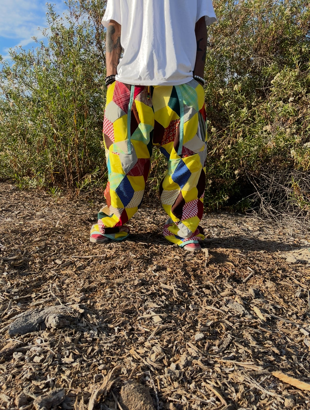 Bluesin’s “Don’t Block Me In” Double Knit Polyester Quilted Patchwork Pants