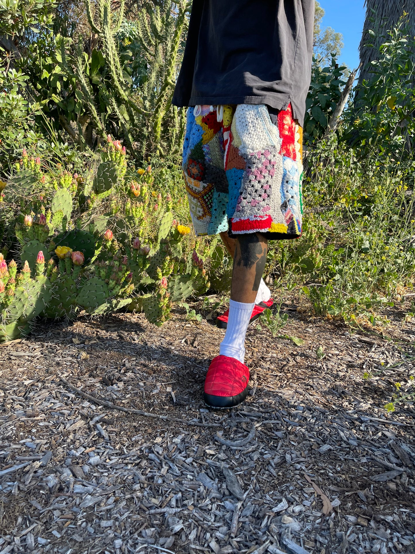 Bluesin’s “Red Dot Blues” Crochet Patchwork Sweat Shorts