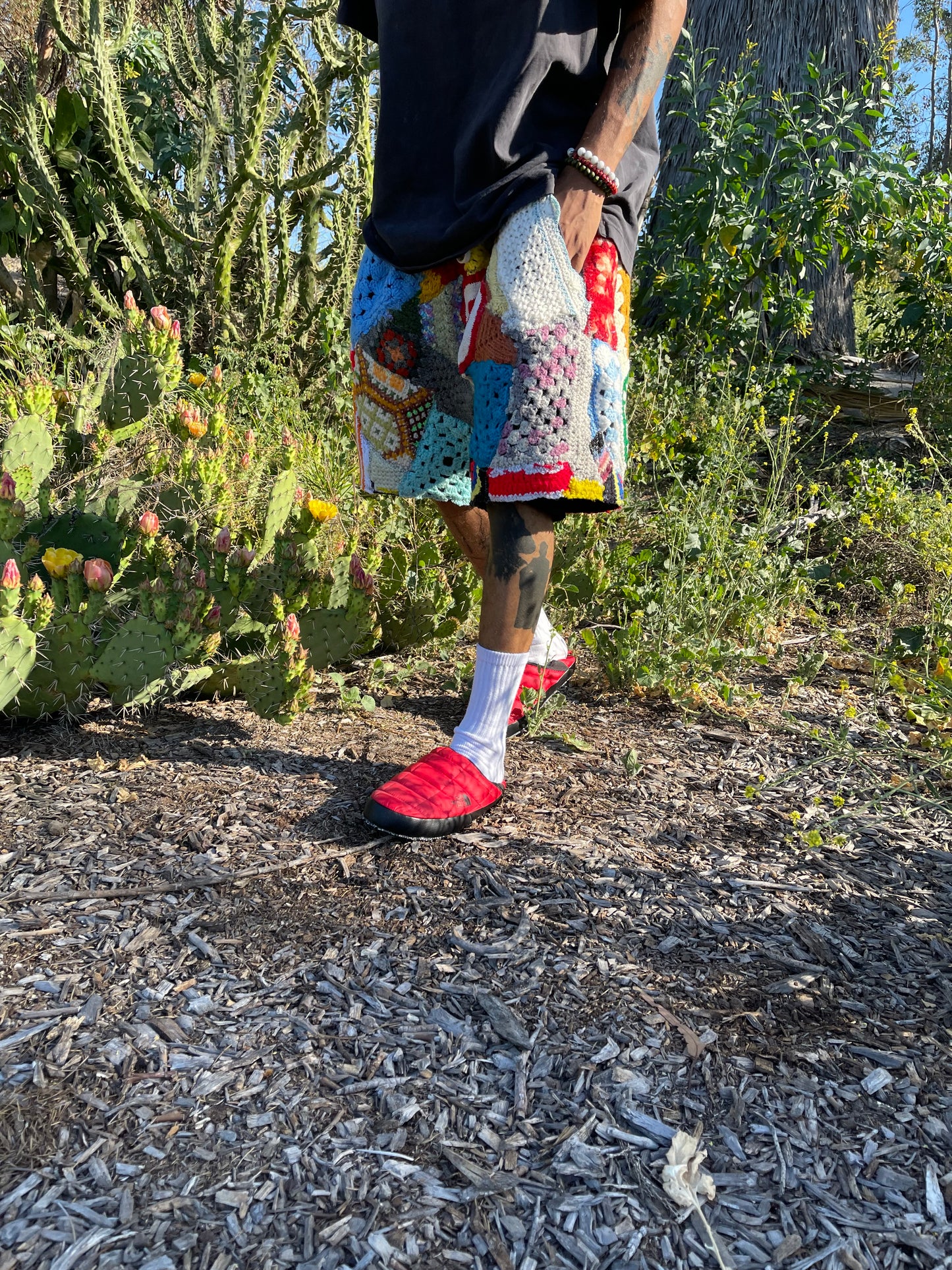 Bluesin’s “Red Dot Blues” Crochet Patchwork Sweat Shorts