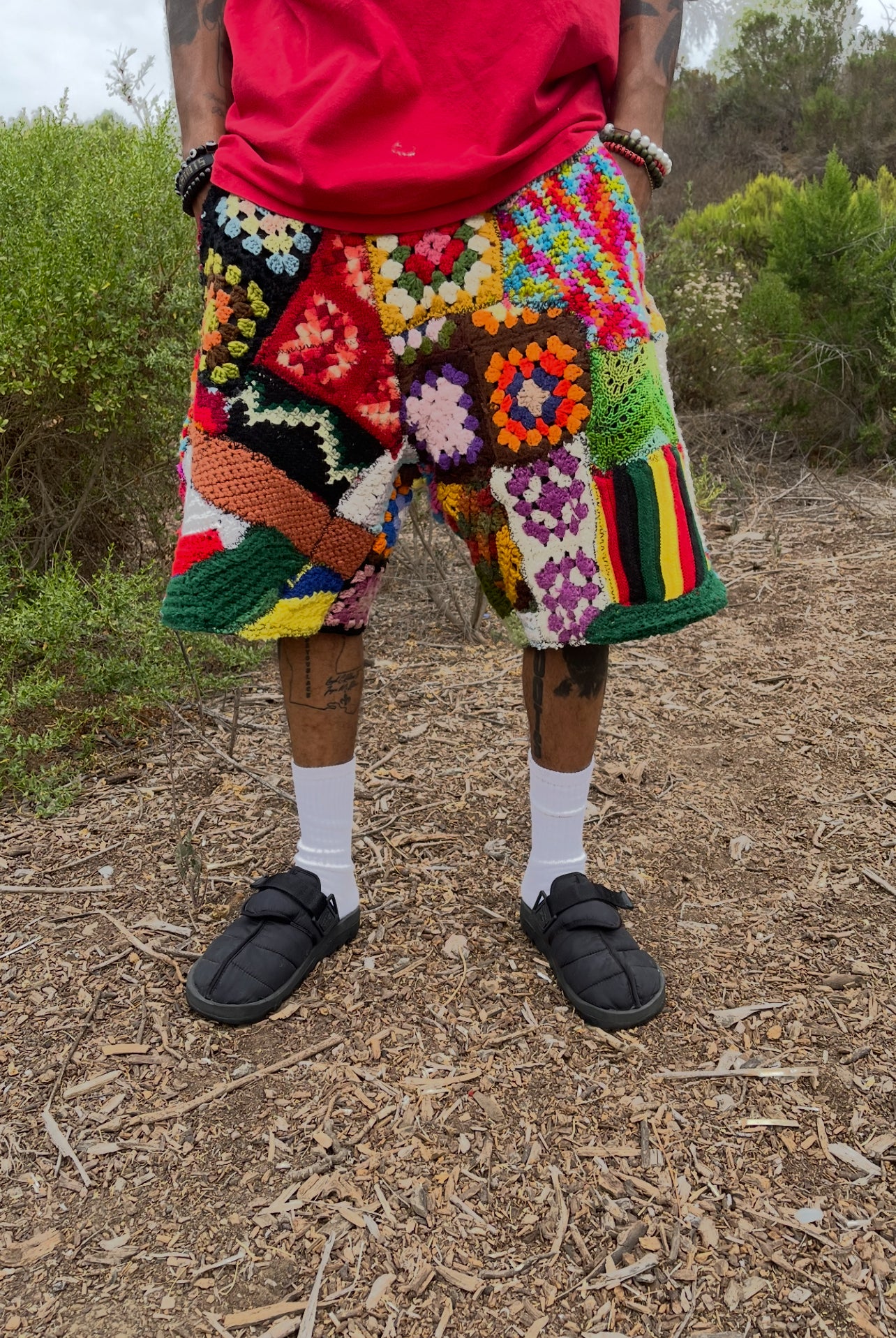 Bluesin’s “Free Ensemble Jumble” Patchwork Crochet Knit Sweat Shorts