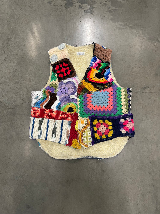 Bluesin’s “Tetragon” Patchwork Crochet Sherpa Lined Vest Jacket