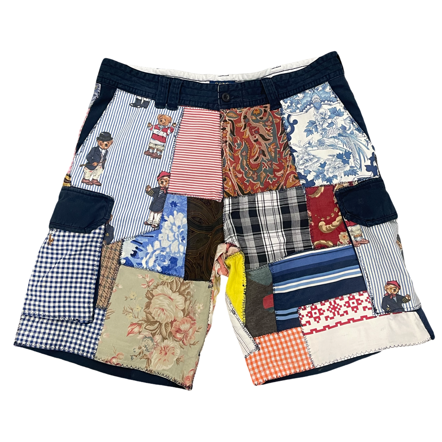 BLUESIN’S “PRL COLLAGE #2” RALPH LAUREN PATCHWORK CARGO SHORTS