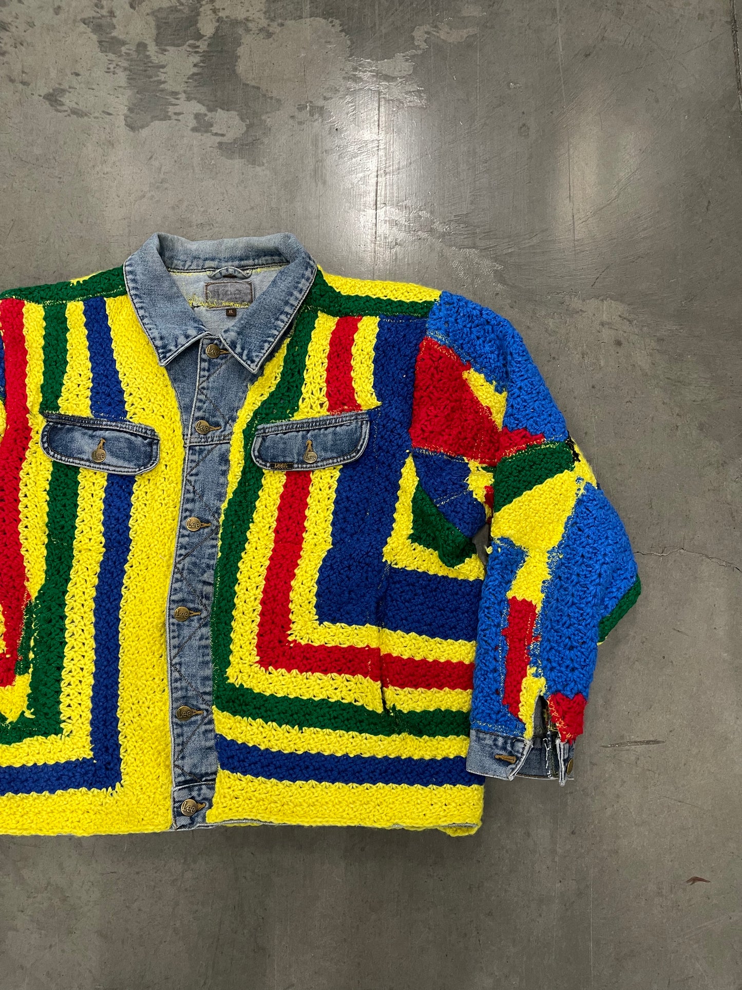 Bluesin’s “The Sound Within” Jazz Crochet Jean Michel Basquiat Denim Trucker Jean Jacket