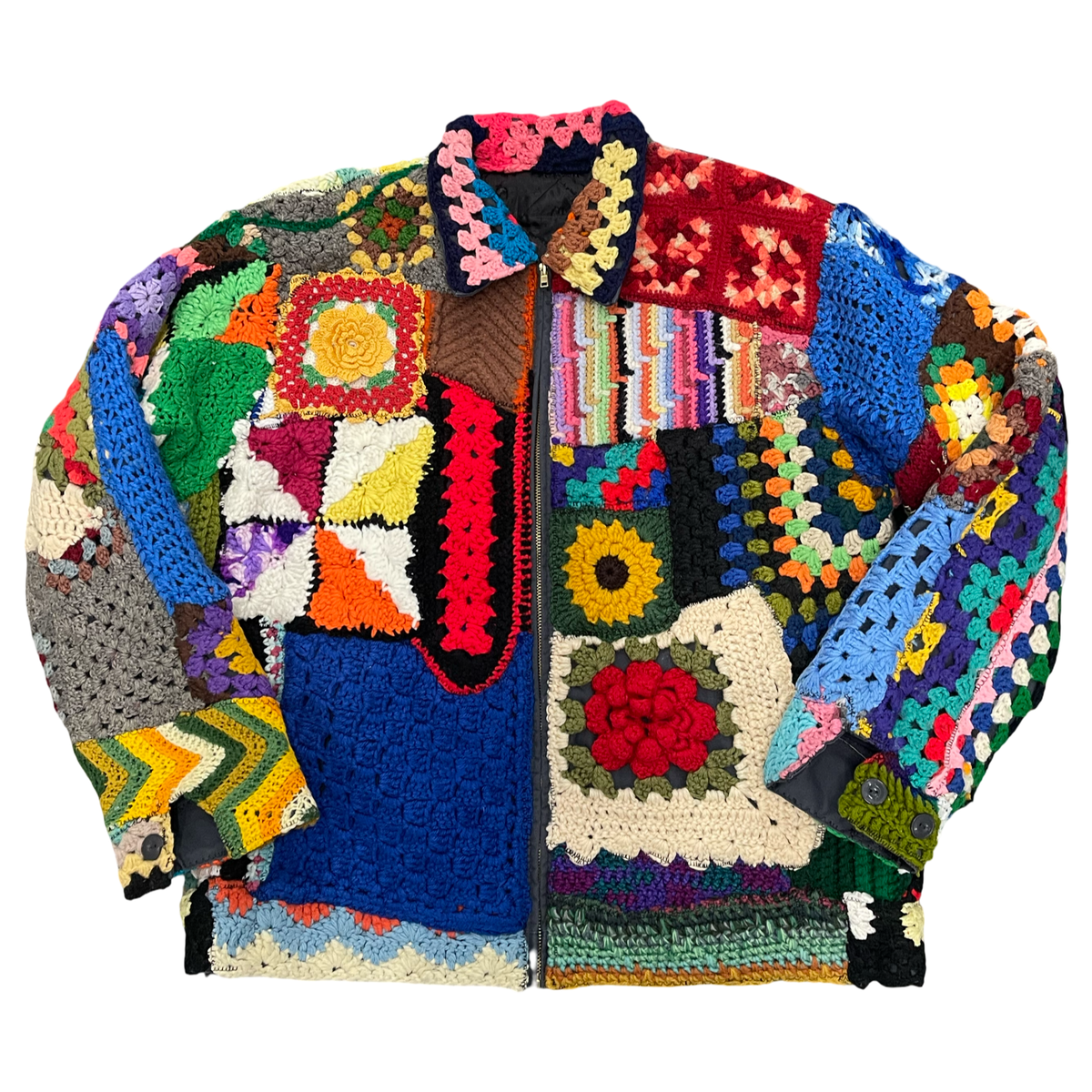 BLUESIN’S “INTERTWINED BLOSSOMS” PATCHWORK CROCHET FULL ZIP WORK JACKET