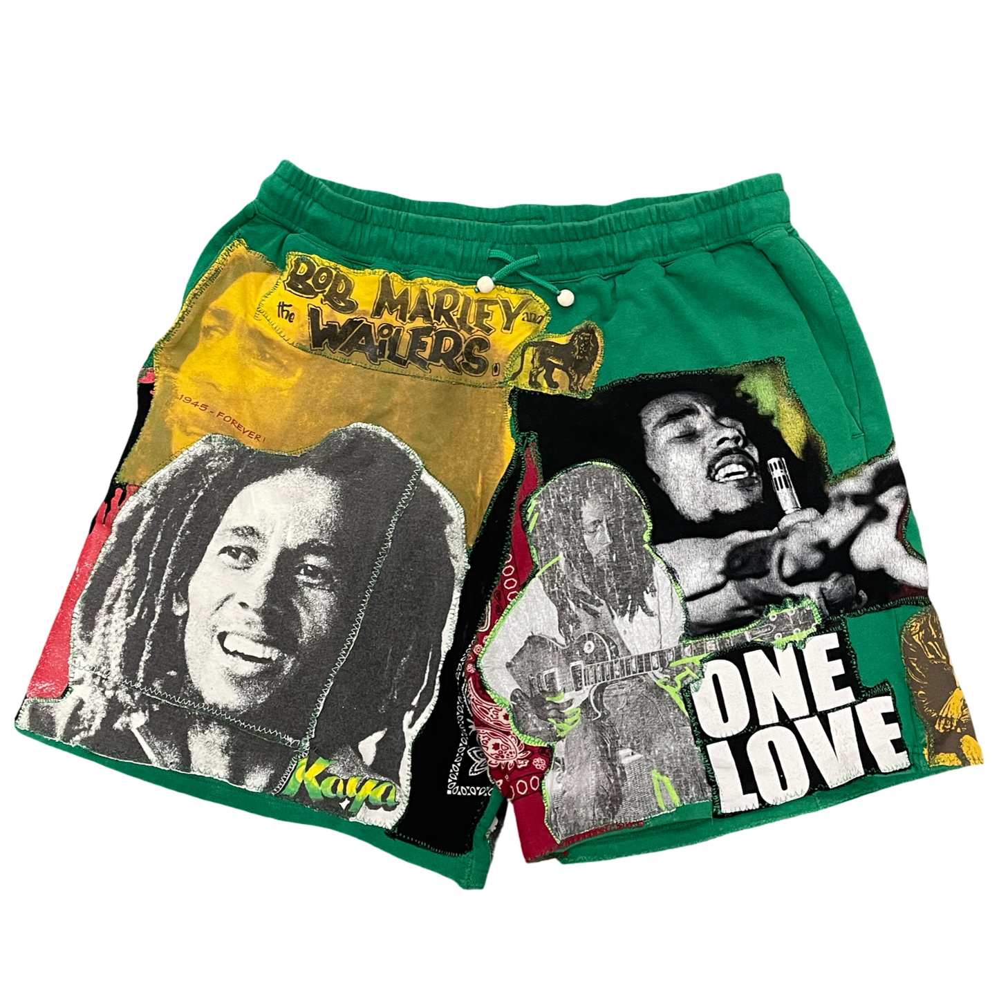 BLUESIN’S “THE LEGEND” BOB MARLEY PATCHWORK SWEAT SHORTS