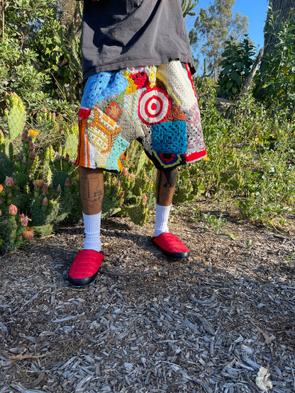 Bluesin’s “Red Dot Blues” Crochet Patchwork Sweat Shorts