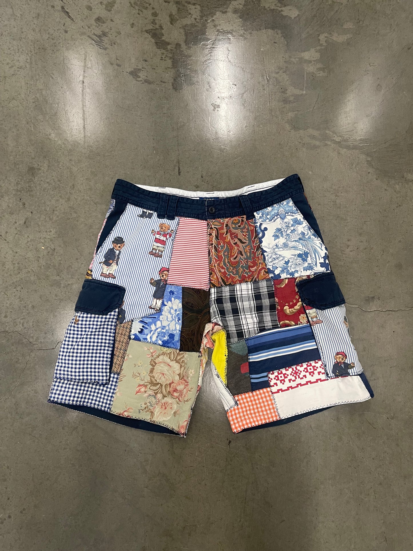 BLUESIN’S “PRL COLLAGE #2” RALPH LAUREN PATCHWORK CARGO SHORTS