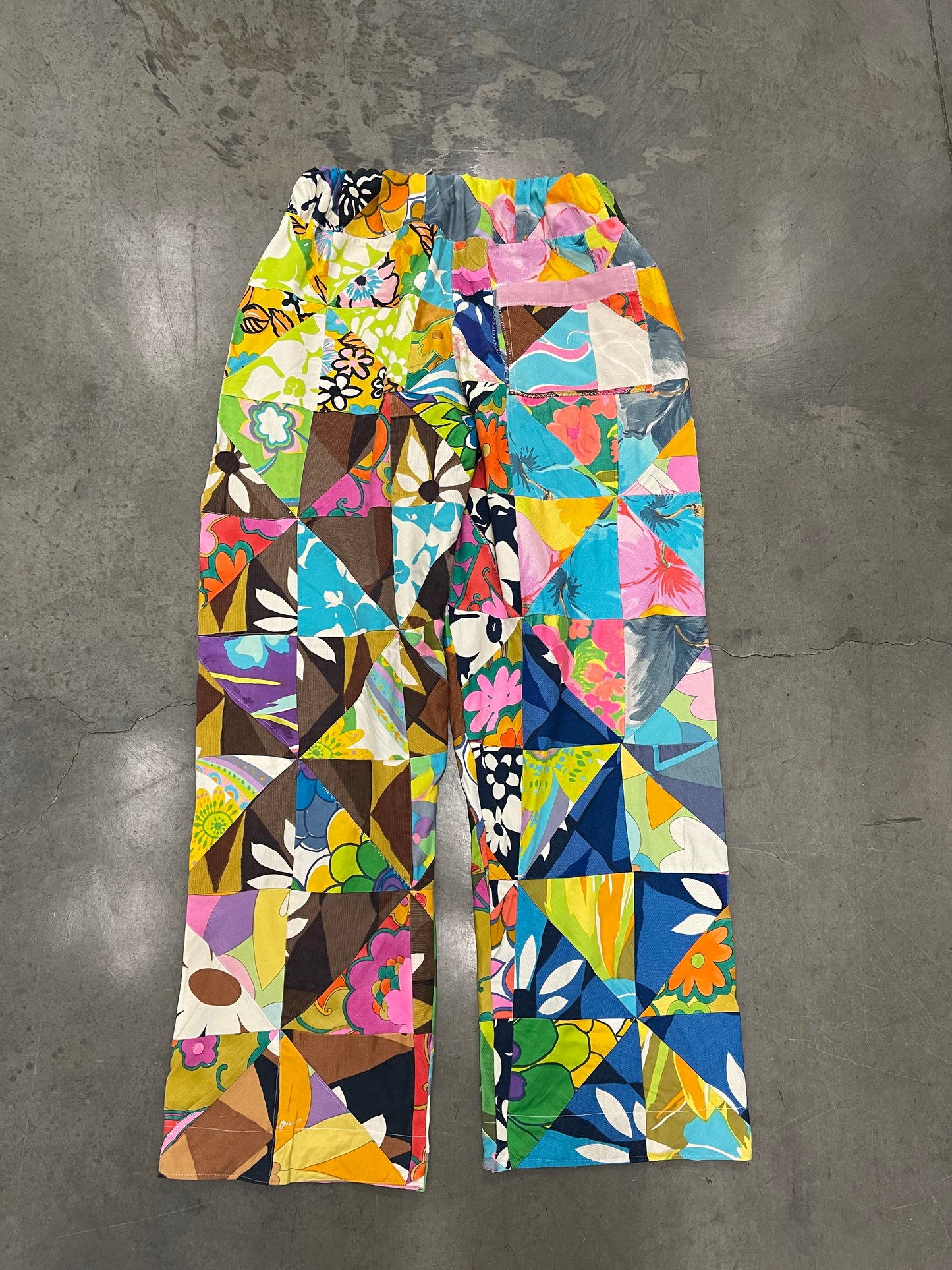 BLUESIN’S “TROPIC AWAITS” VINTAGE HAWAIIAN TIKI PATCHWORK PANTS