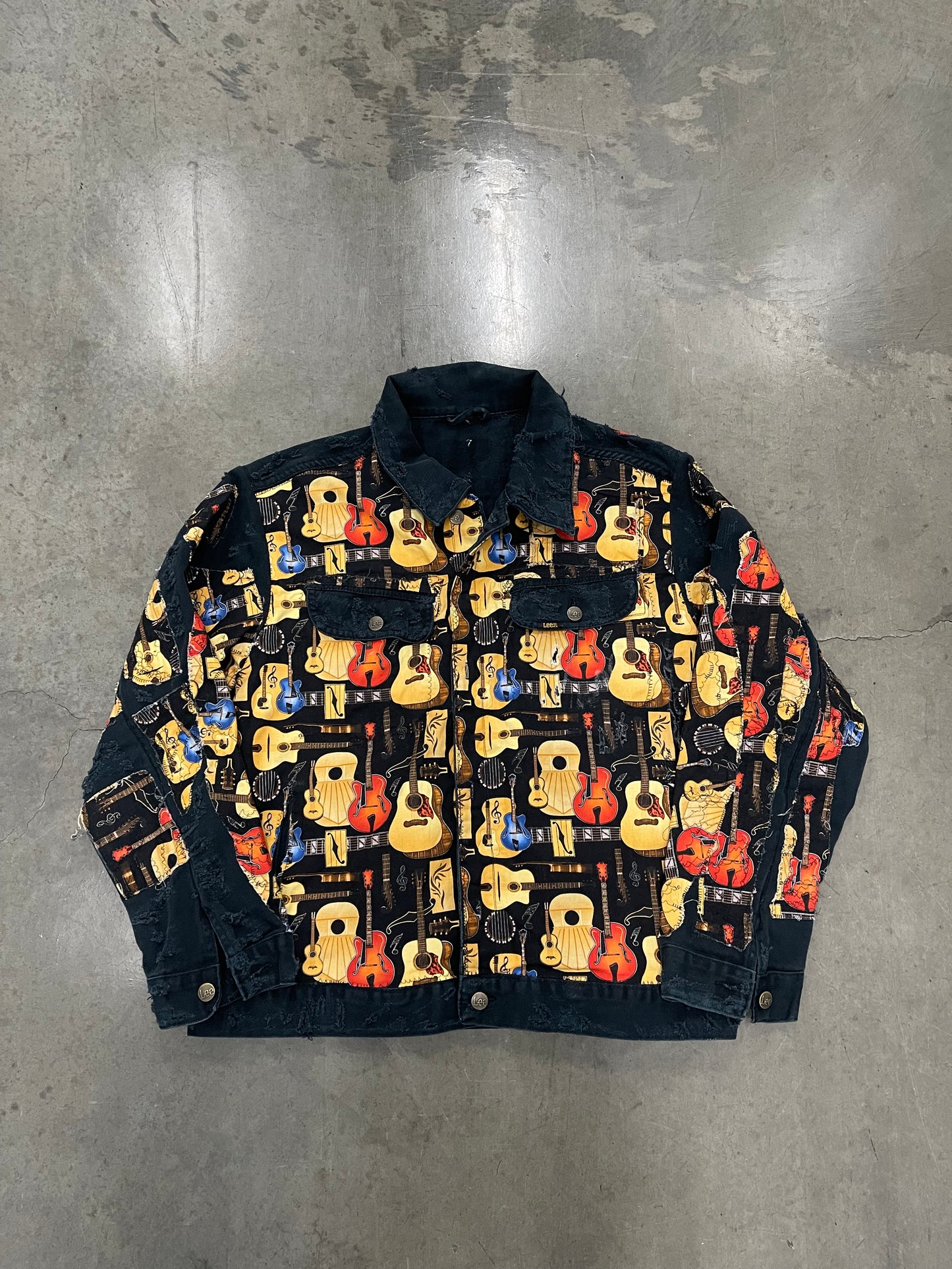 BLUESIN’S “STARTS WITH THE STRINGS” DECONSTRUCTED GUITARS DENIM TRUCKER JACKET