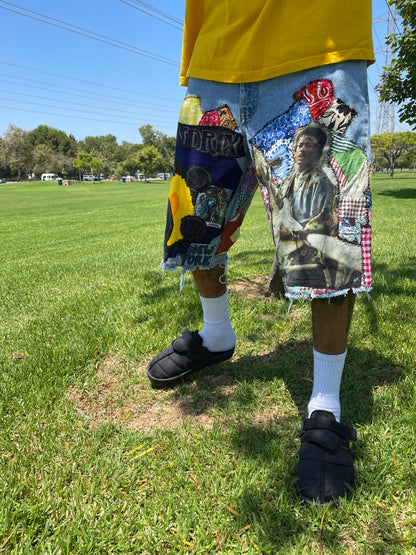 Bluesin’s “Future Of A Thousand Years” Jimi Hendrix Patchwork Denim Shorts