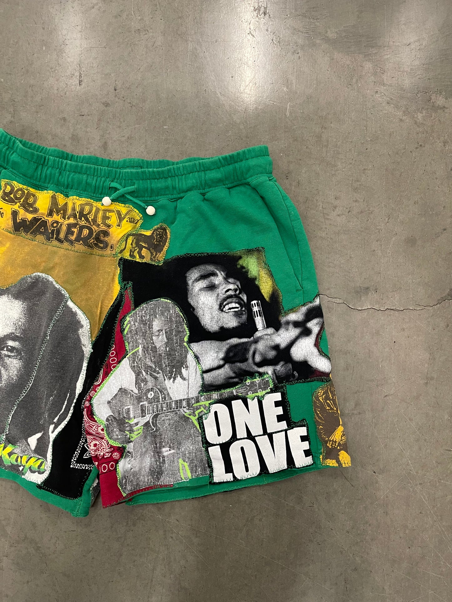 BLUESIN’S “THE LEGEND” BOB MARLEY PATCHWORK SWEAT SHORTS