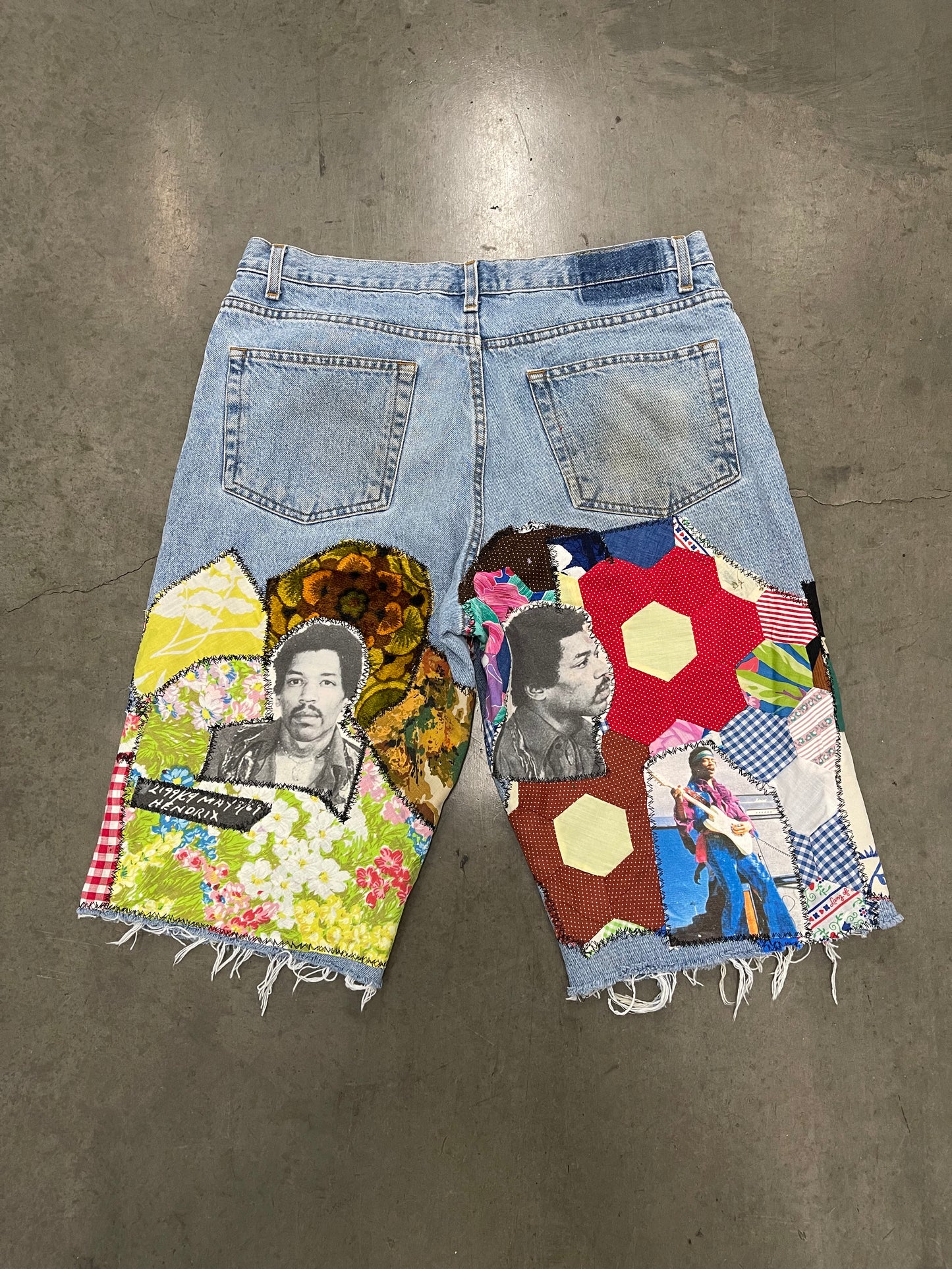 Bluesin’s “Future Of A Thousand Years” Jimi Hendrix Patchwork Denim Shorts