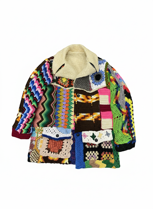 BLUESIN’S “CROSSTOWN TRAFFIC” PATCHWORK CROCHET SHERPA LINED DENIM RANCH COAT