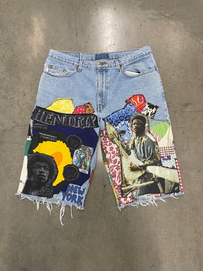 Bluesin’s “Future Of A Thousand Years” Jimi Hendrix Patchwork Denim Shorts