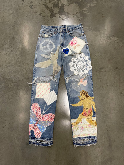 Bluesin’s “Peace Love & Healing” Patchwork Reworked Denim Jeans