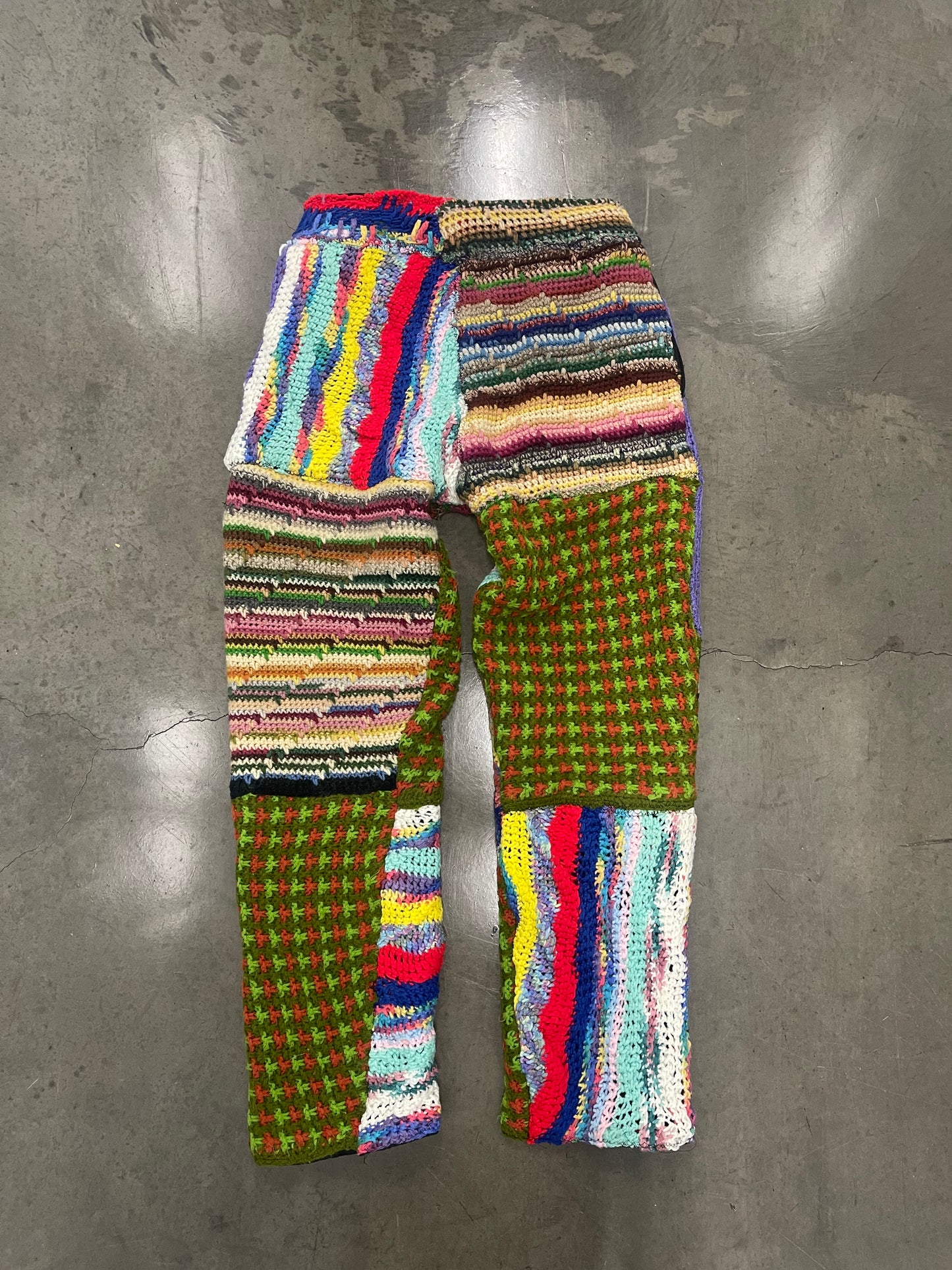 BLUESIN’S “MYSTERIOUS FUSION” PATCHWORK CROCHET SWEATPANTS