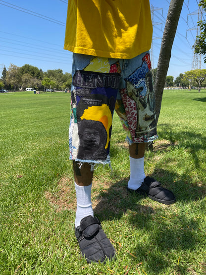 Bluesin’s “Future Of A Thousand Years” Jimi Hendrix Patchwork Denim Shorts