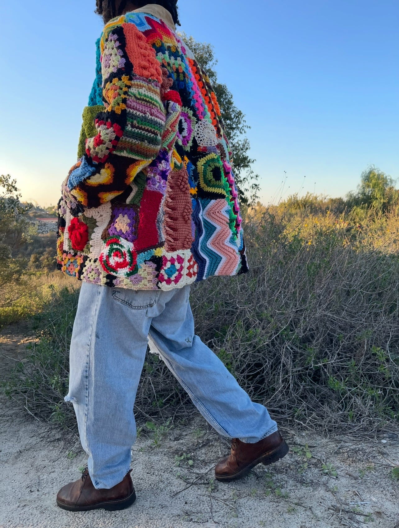 Bluesin’s “Looking Ahead” Patchwork Chunky Crochet Wool Lined Chore Coat/Jacket