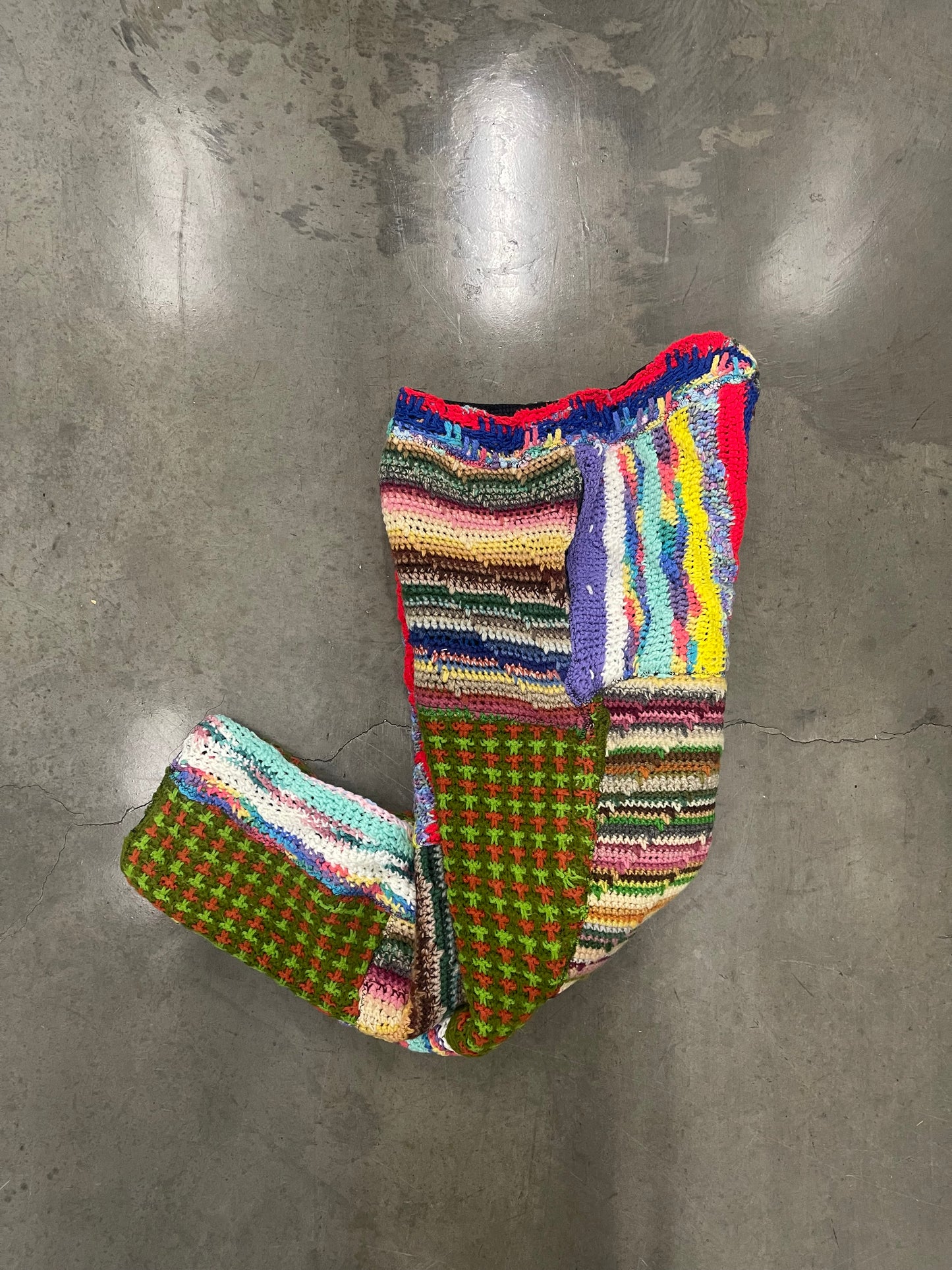BLUESIN’S “MYSTERIOUS FUSION” PATCHWORK CROCHET SWEATPANTS