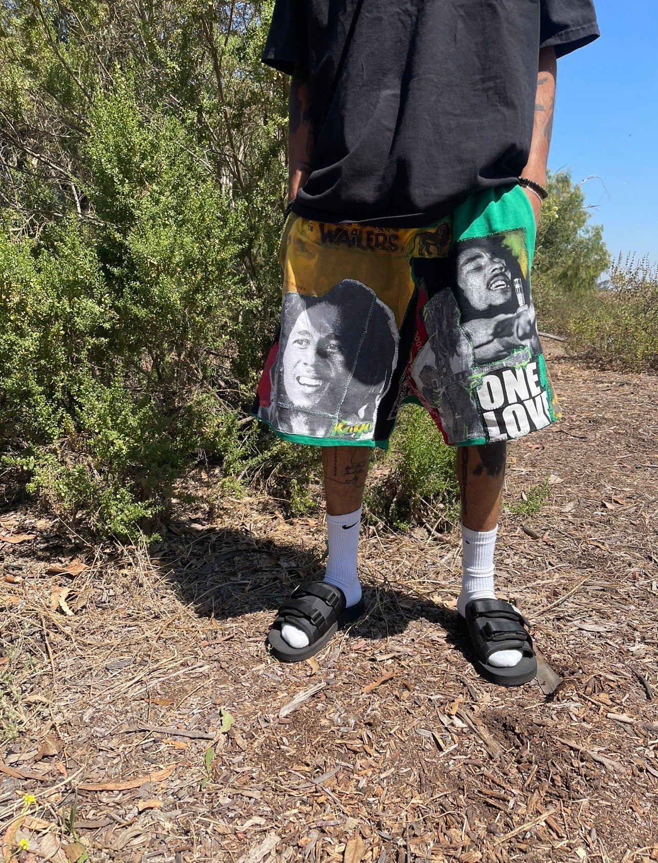 BLUESIN’S “THE LEGEND” BOB MARLEY PATCHWORK SWEAT SHORTS