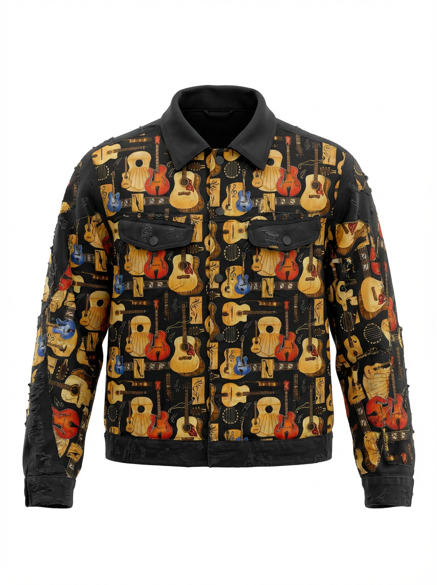 BLUESIN’S “STARTS WITH THE STRINGS” DECONSTRUCTED GUITARS DENIM TRUCKER JACKET