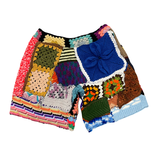 BLUESIN’S “BLOSSOMING BLUES” PATCHWORK CROCHET SWEAT SHORTS