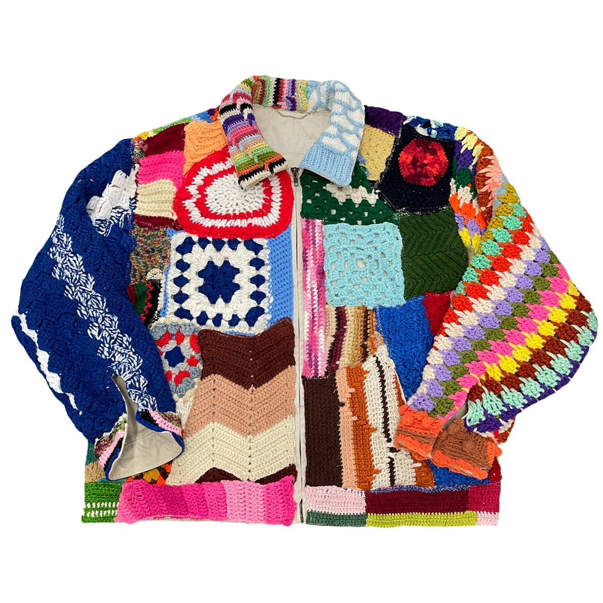 BLUESIN’S “TIMELESS EXCURSIONS” PATCHWORK CROCHET HARRINGTON FULL ZIP JACKET