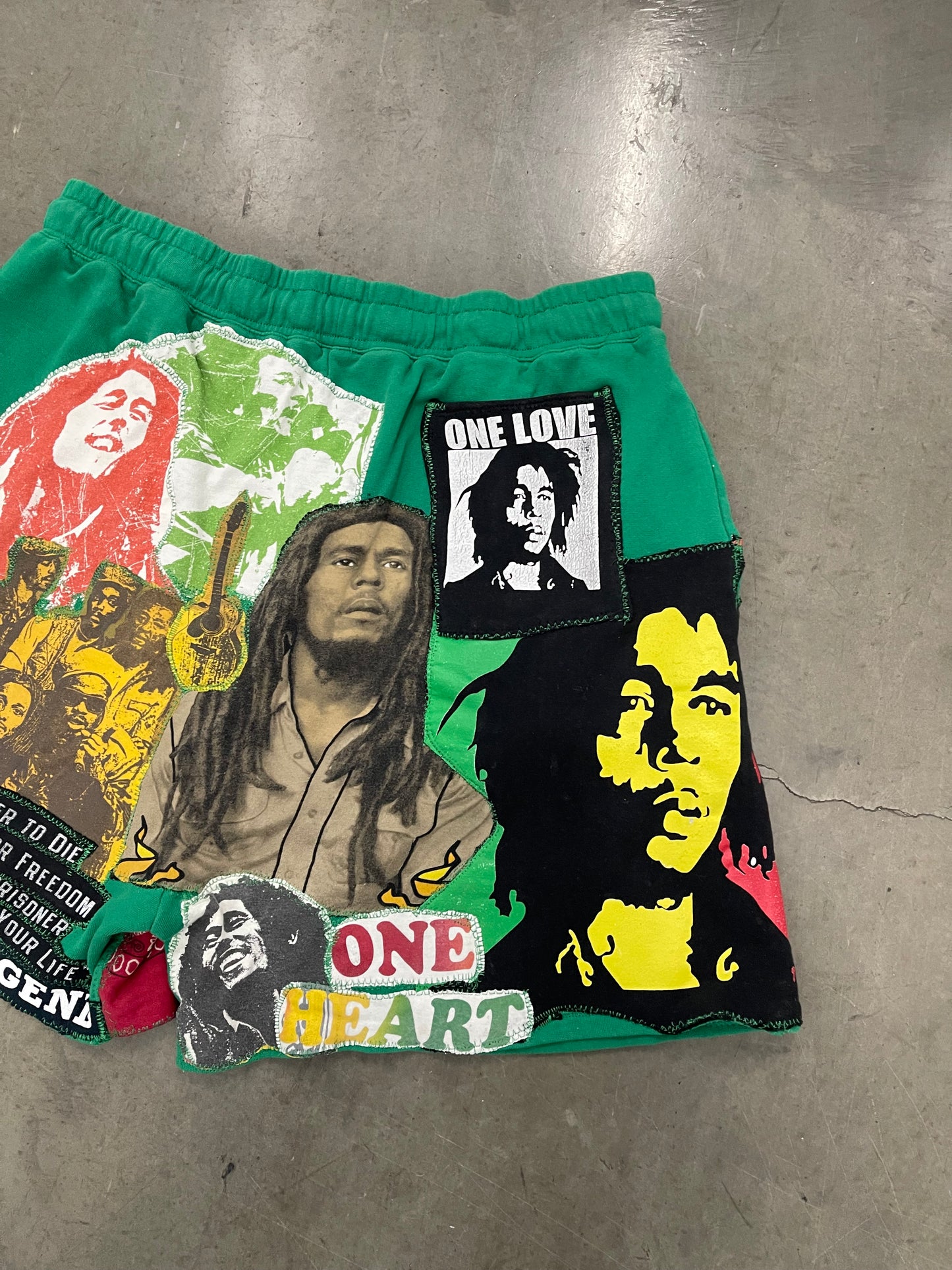 BLUESIN’S “THE LEGEND” BOB MARLEY PATCHWORK SWEAT SHORTS