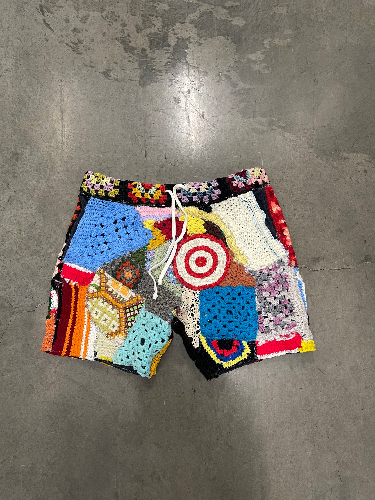 Bluesin’s “Red Dot Blues” Crochet Patchwork Sweat Shorts