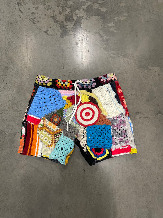 Bluesin’s “Red Dot Blues” Crochet Patchwork Sweat Shorts