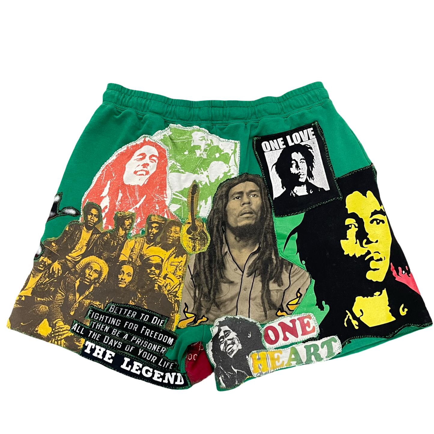 BLUESIN’S “THE LEGEND” BOB MARLEY PATCHWORK SWEAT SHORTS