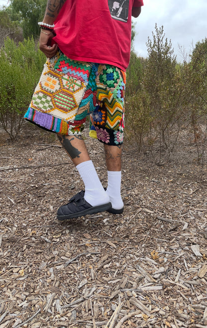 Bluesin’s “Free Ensemble Jumble” Patchwork Crochet Knit Sweat Shorts