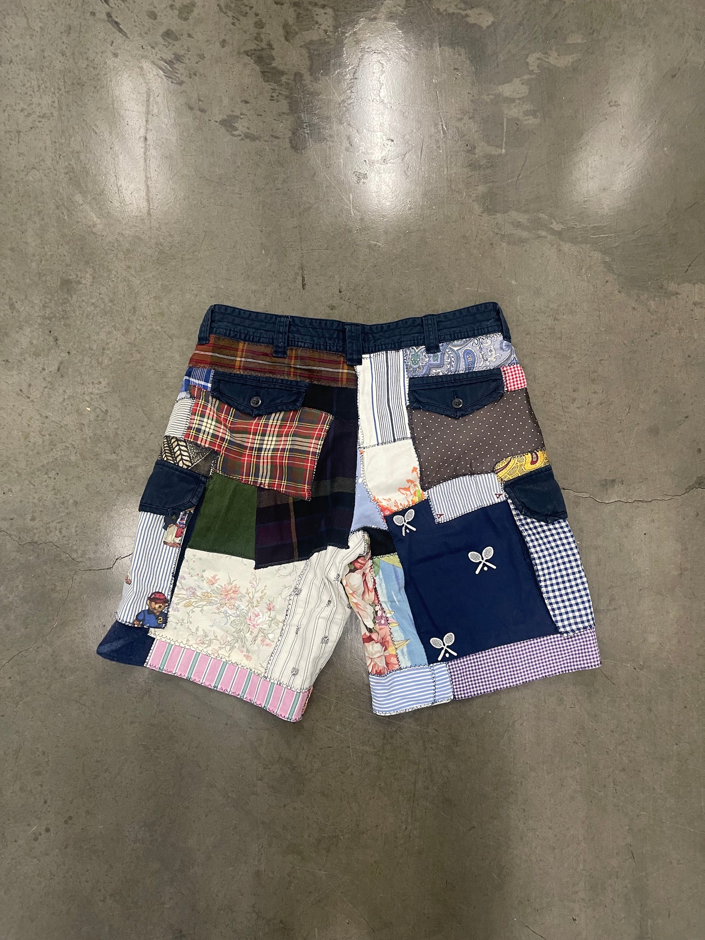BLUESIN’S “PRL COLLAGE #2” RALPH LAUREN PATCHWORK CARGO SHORTS