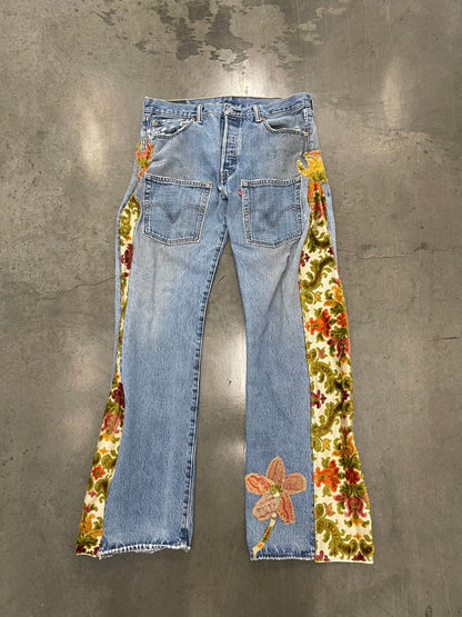 Bluesin’s “Seeds For Peace” Flared Floral Patchwork Denim Jeans