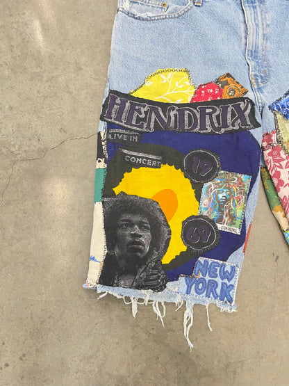 Bluesin’s “Future Of A Thousand Years” Jimi Hendrix Patchwork Denim Shorts