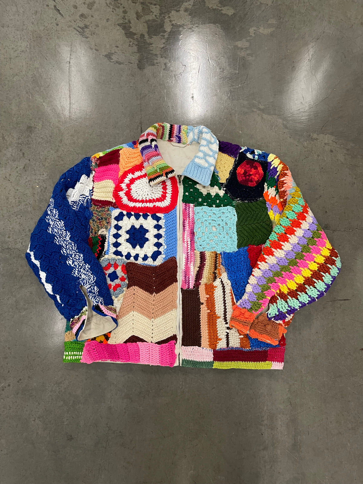BLUESIN’S “TIMELESS EXCURSIONS” PATCHWORK CROCHET HARRINGTON FULL ZIP JACKET