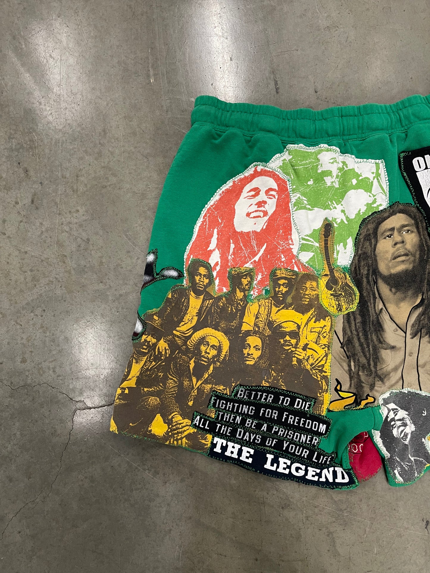 BLUESIN’S “THE LEGEND” BOB MARLEY PATCHWORK SWEAT SHORTS