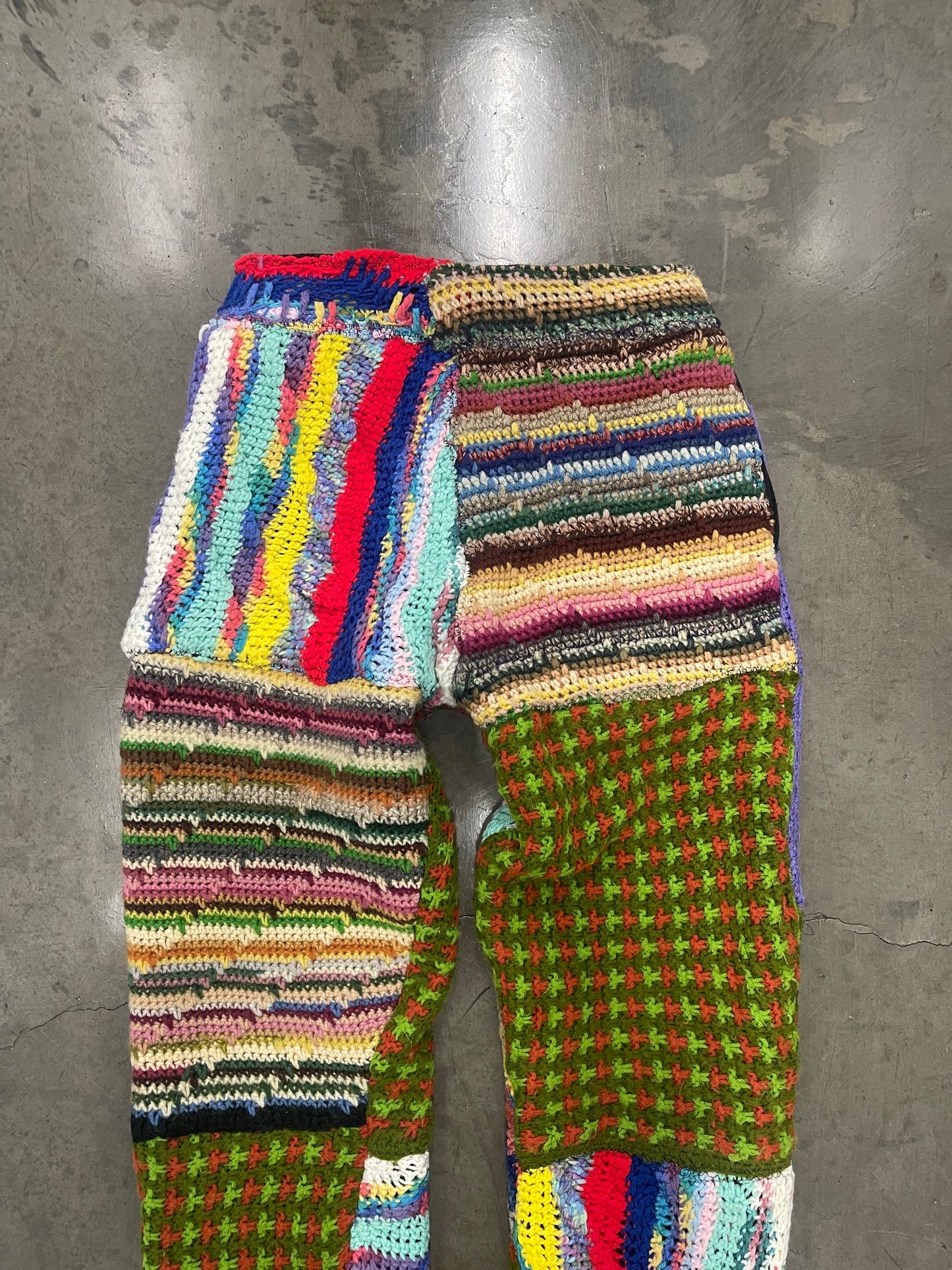 BLUESIN’S “MYSTERIOUS FUSION” PATCHWORK CROCHET SWEATPANTS