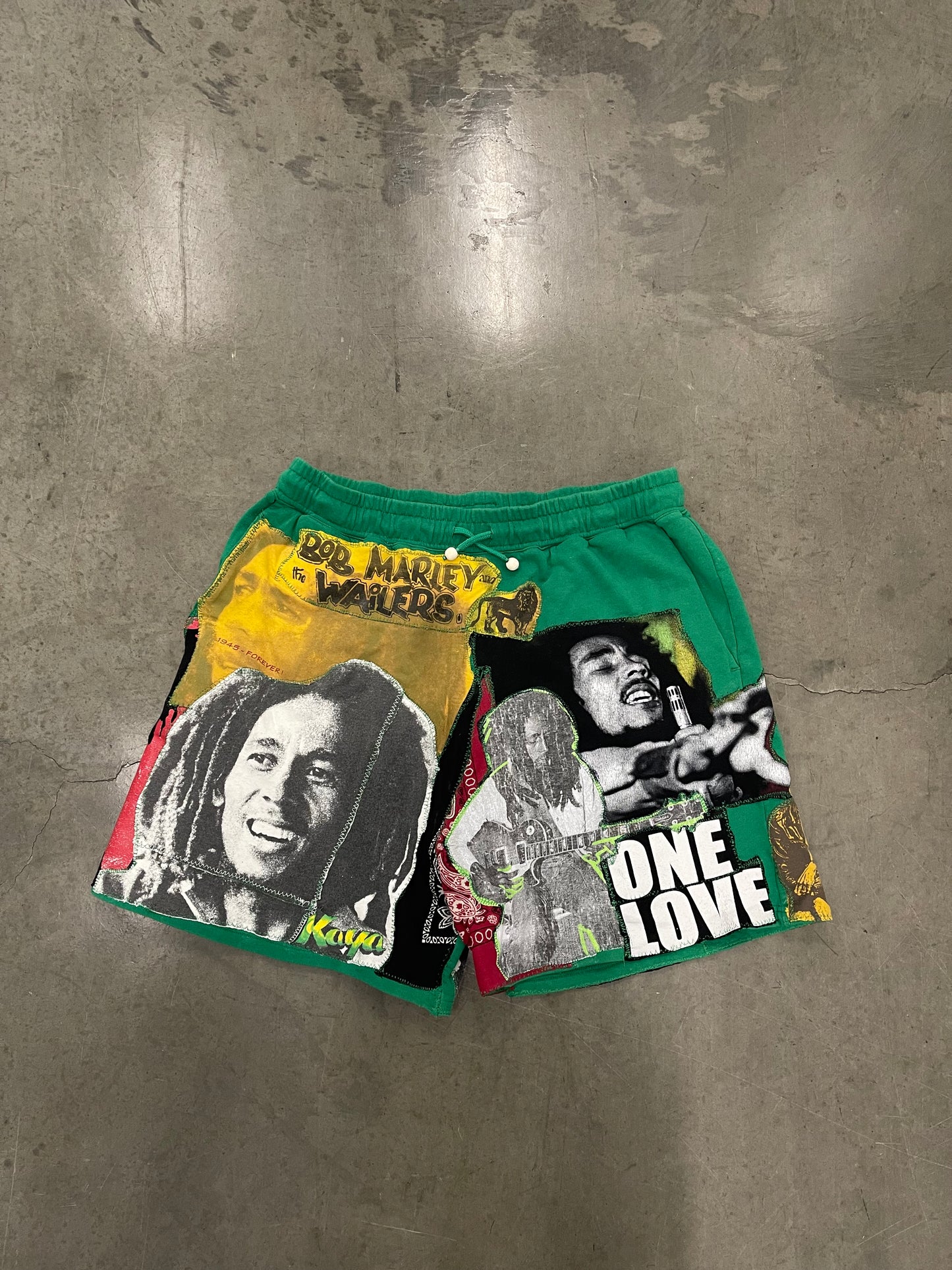 BLUESIN’S “THE LEGEND” BOB MARLEY PATCHWORK SWEAT SHORTS