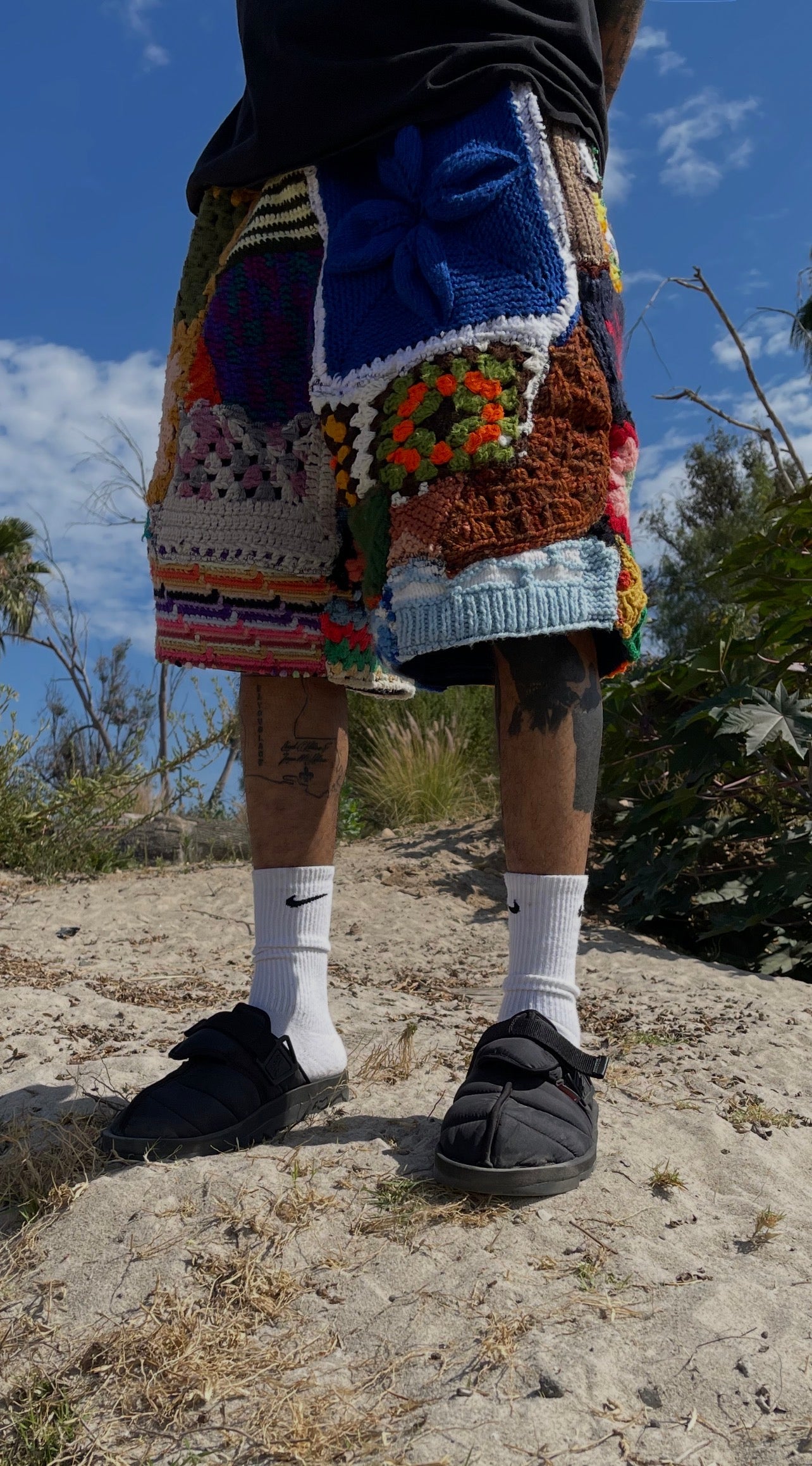 BLUESIN’S “BLOSSOMING BLUES” PATCHWORK CROCHET SWEAT SHORTS